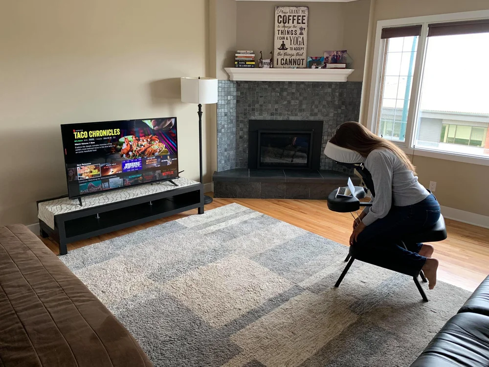 Patient using seated face-down support while staying connected
